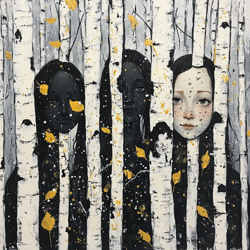 Happy women in birch trees, winter folk art.