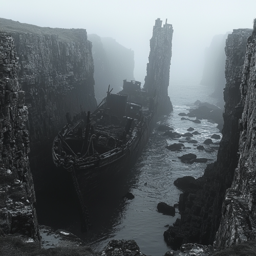 Haunted Scottish Fishing Port in Monochromatic Mist