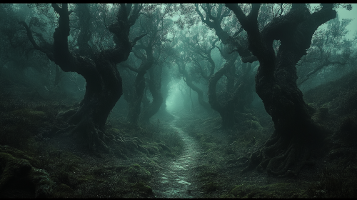 Haunted forest with winding pathway and eerie atmosphere.