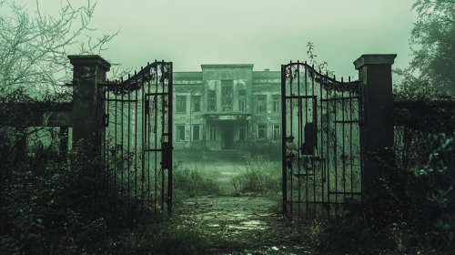 Haunted hospital gate in misty, cinematic painting scene