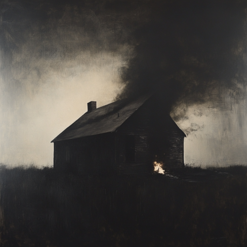 Haunted old house burning in dark, eerie painting.