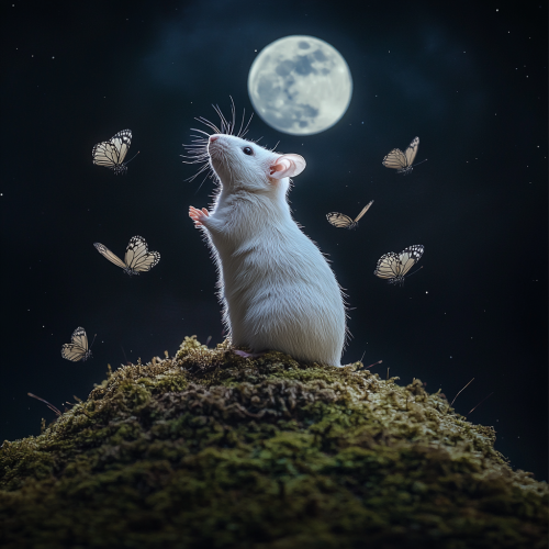 Haunting image of white rat under full moon