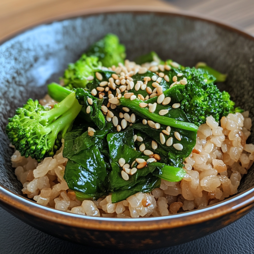 Healthy vegetable rice bowl with sesame and garlic
