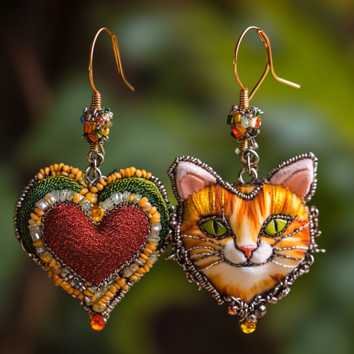 Heart and cat earrings in Dadaism style, colorful beads.