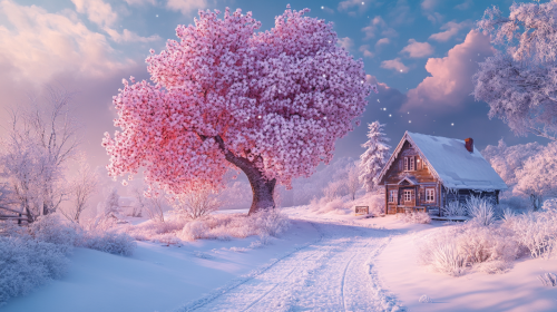 Heart-shaped tree by snowy road with houses