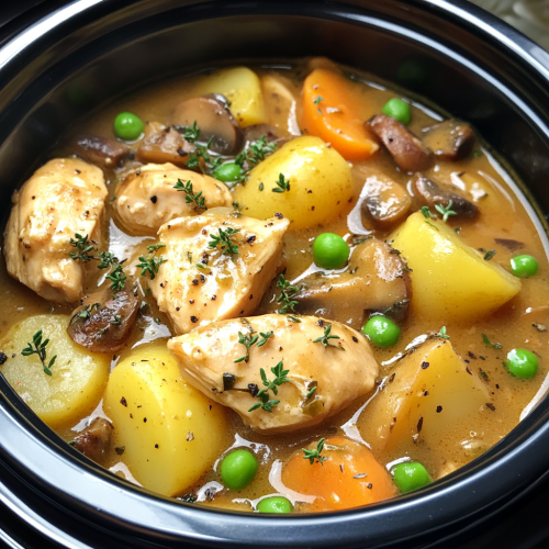Hearty, creamy chicken stew with potatoes, carrots, peas, mushrooms.