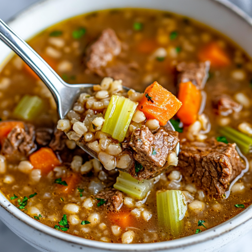 Hearty beef barley soup with vegetables and barley Hearty beef barley soup with vegetables and barley