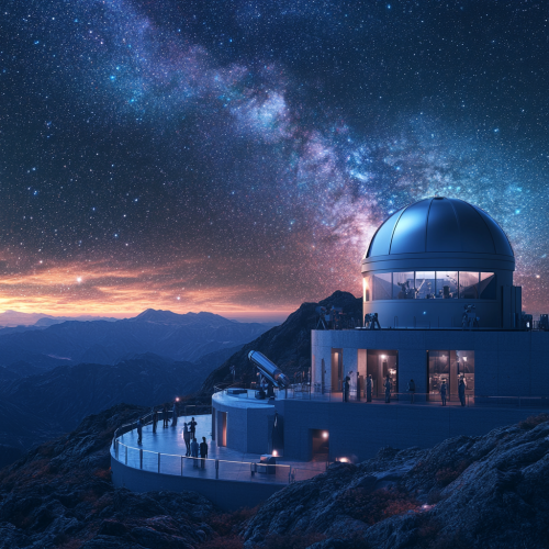 High-Tech Observatory on Mountaintop with Astronomers Studying Night Sky