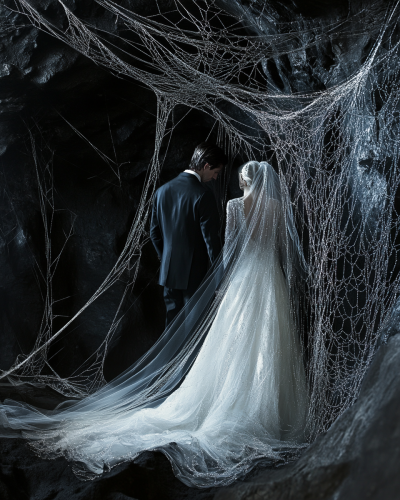 High fashion editorial wedding attire in black cavern