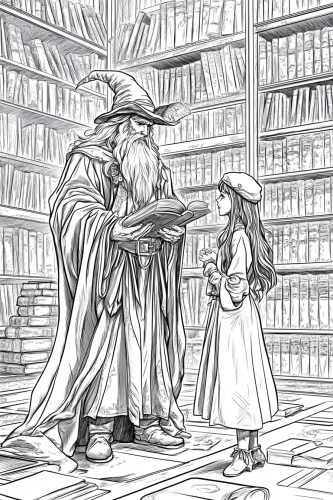 High-resolution coloring book scene for adults: powerful wizard, assistant.