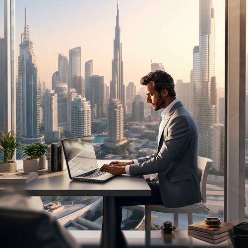 High-resolution photo of real estate agent in Dubai office.