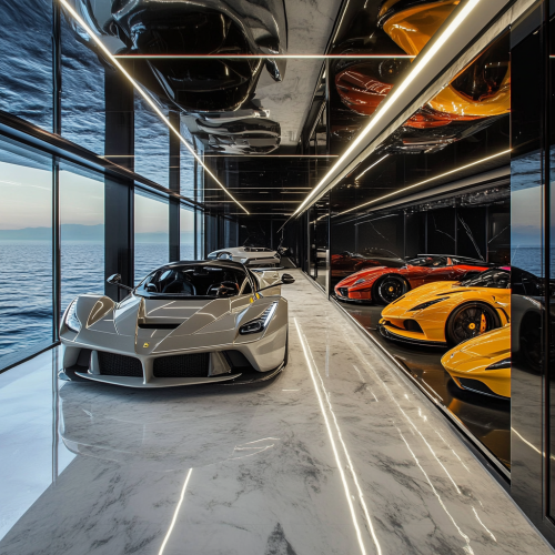 High-tech car display in luxury mansion garage