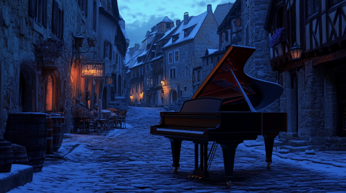 High tech grand piano in 17th century square.