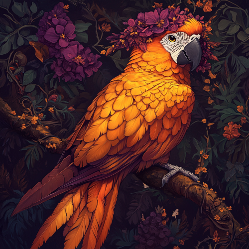 Highly detailed and mystical orange parrot illustration prompt.