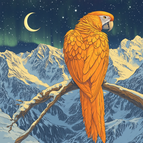 Highly detailed magical illustration focus on majestic orange parrot. Highly detailed magical illustration focus on majestic orange parrot.