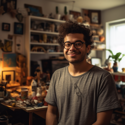 Hispanic man in urban apartment with 3D printer