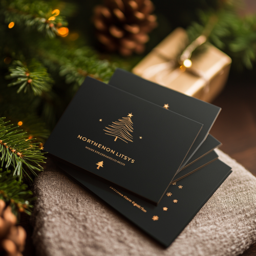 Holiday lighting company card with festive design