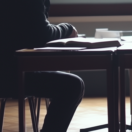 Hombre investigando, mujer distraída en aula por patriarcado.