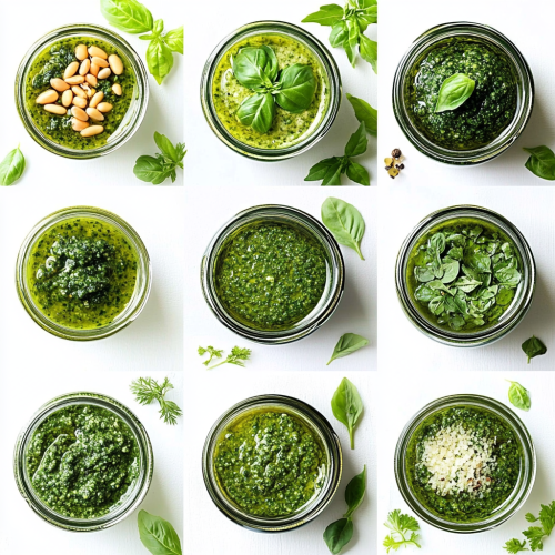 Homemade Pesto Sauces in Glass Jars Displayed Brightly