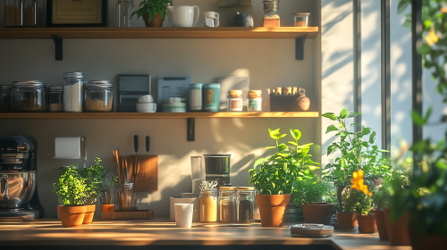 Homey Café Kitchen with Plants and Tea Set