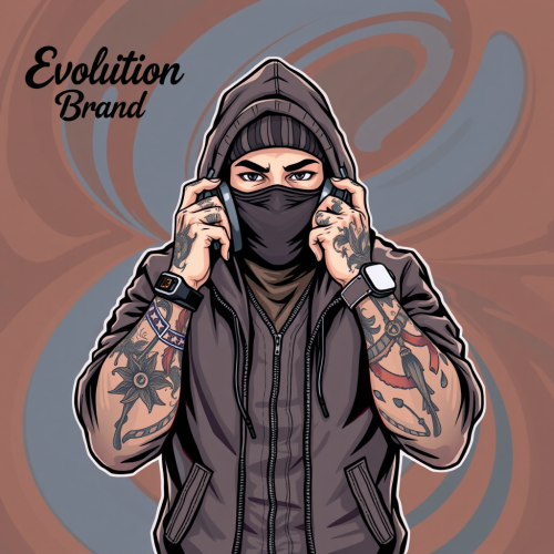 Hooded, Tattooed Person Holding Headphones: Evolution Brand Hooded, Tattooed Person Holding Headphones: Evolution Brand