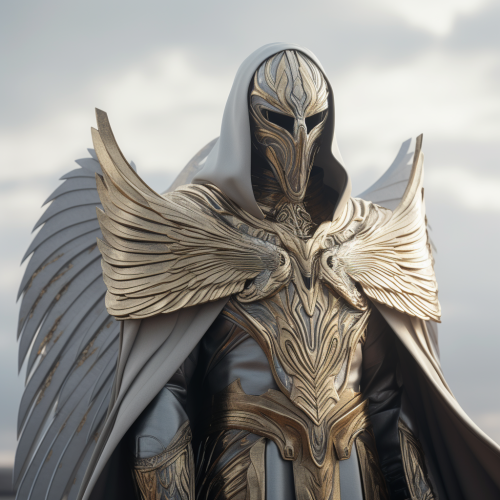 Hooded angel warrior in shiny armor