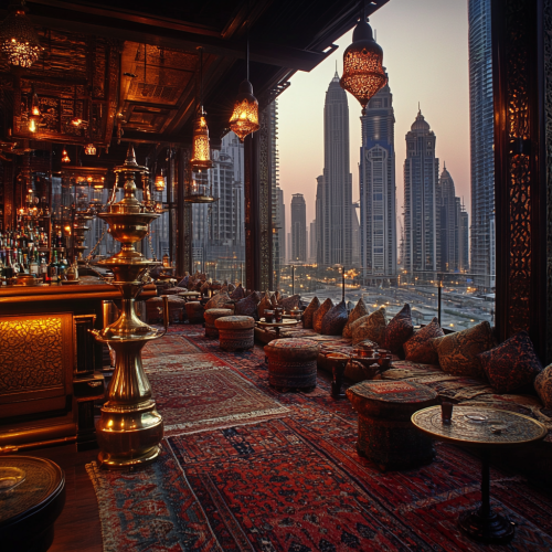 Hookah bar in Dubai on open terrace, skyscraper, Moroccan style, gold patterns, dark colors, Muslim style, low tables.