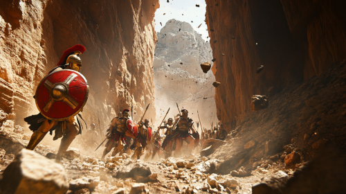 Hoplites holding off enemy force in narrow canyon.