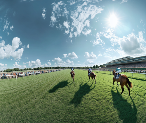 Horses racing on grass track in London.