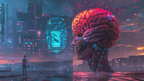 Human and AI brains connected by glowing circuits.