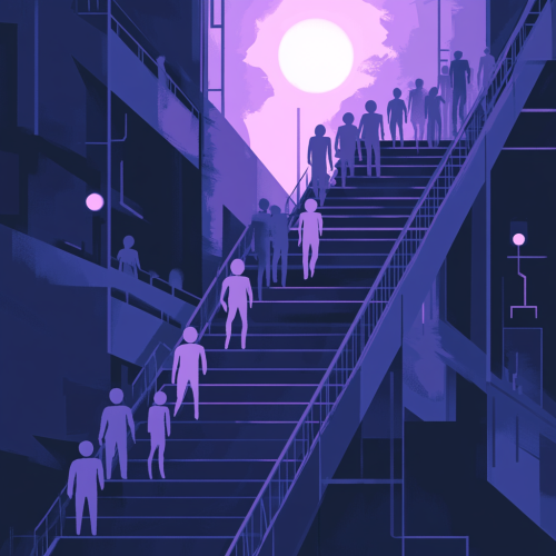 Humans cloned in factory, climbing stairs towards light
