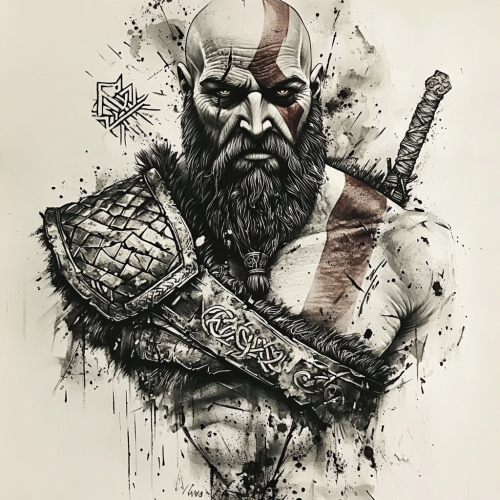Hyper-realistic Kratos tattoo design, Norse mythology elements included.