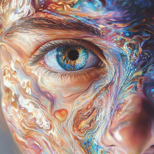 Hyper-realistic human face with metallic swirling patterns. Hyper-realistic human face with metallic swirling patterns.