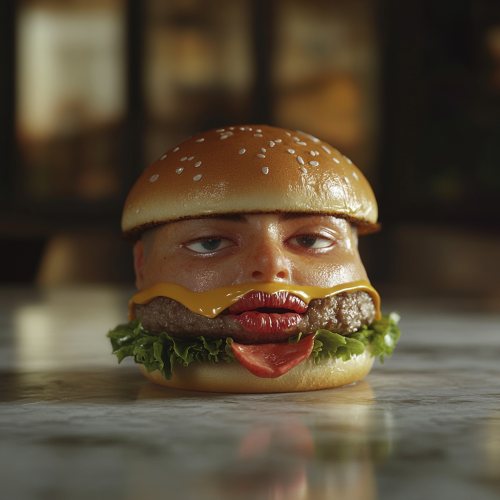 Hyper-realistic image of human-faced hamburger in natural setting.