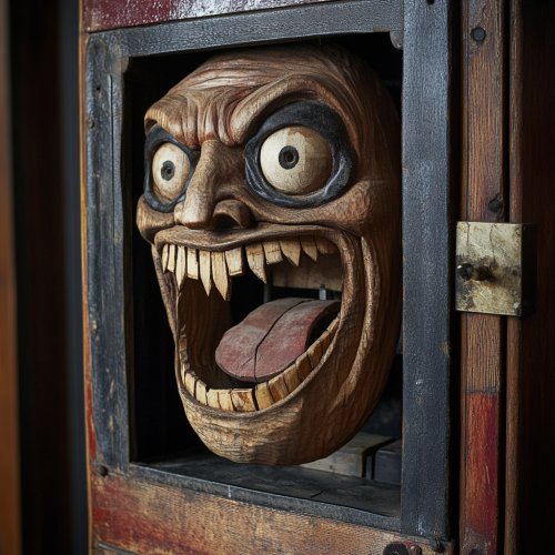 Hyper realistic vending machine with wooden puppet mechanic.