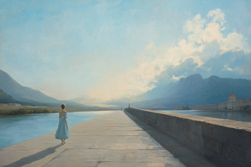 Hyperrealist painting landscape with elegant woman in beachwear Hyperrealist painting landscape with elegant woman in beachwear