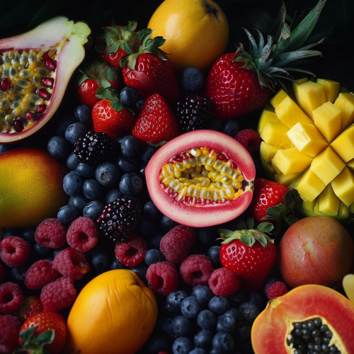 Hyperrealistic photo of passion fruit, cherimoya, lucuma, strawberries, blueberries, blackberry, raspberry, pineapple, and mango.