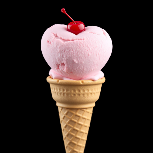 Ice cream cone with heart scoop and cherry.
