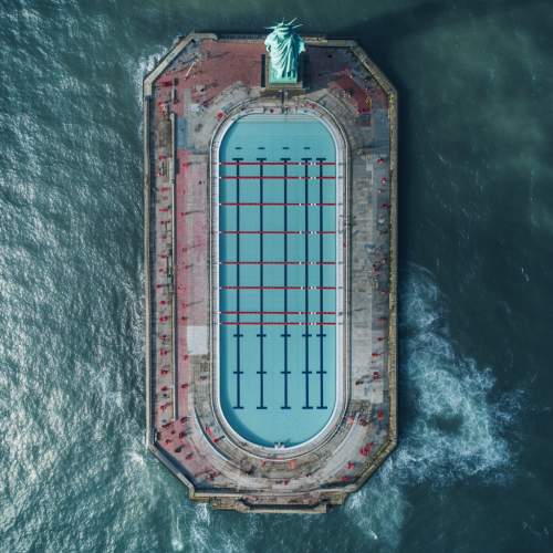 Iconic Olympic Pool at Statue of Liberty - Aerial FujiFilm Raw Shot
