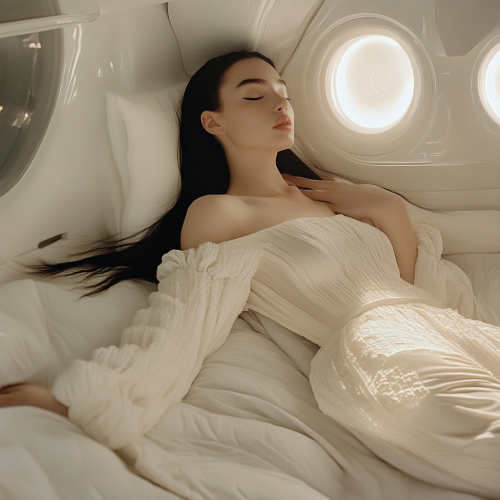 Iggy Azalea and Jennifer Connelly woke up. Sleepy face, futuristic white nightgown.