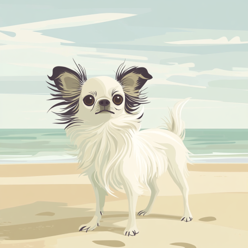 Illustrate small long-haired Chihuahua on beach. Flat design.