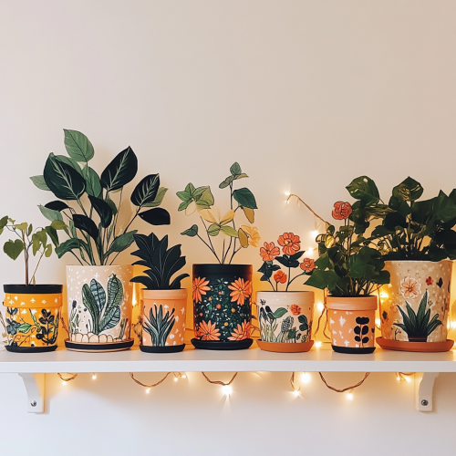 Illustrated flowers and houseplants on cozy shelf.