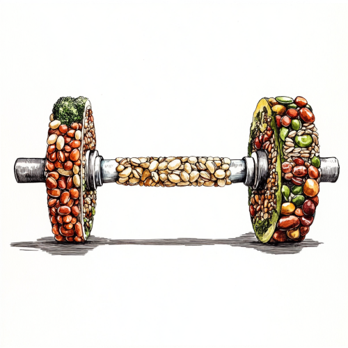 Illustration and drawing of barbell made of healthy foods.