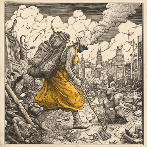 Illustration inspired by medieval etching, battles dust in city.
