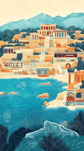 Illustration of Knossos Palace in vibrant Aegean setting.