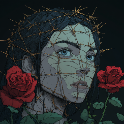 Illustration of blue eyed queen with red roses.
