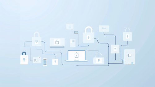 Illustration of secure data flow, connected devices, locked icons.