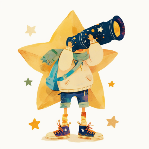 Illustration of star looking at earth with binoculars.