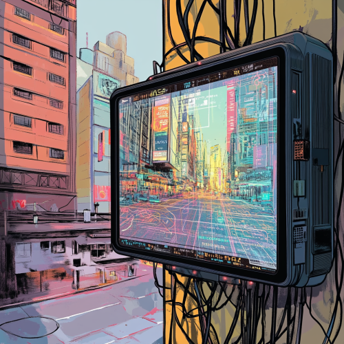 Illustration of streetscape with touchable screen on lab wall.