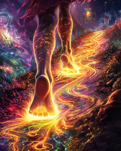 Image of Odú with glowing feet on mystical path. Image of Odú with glowing feet on mystical path.